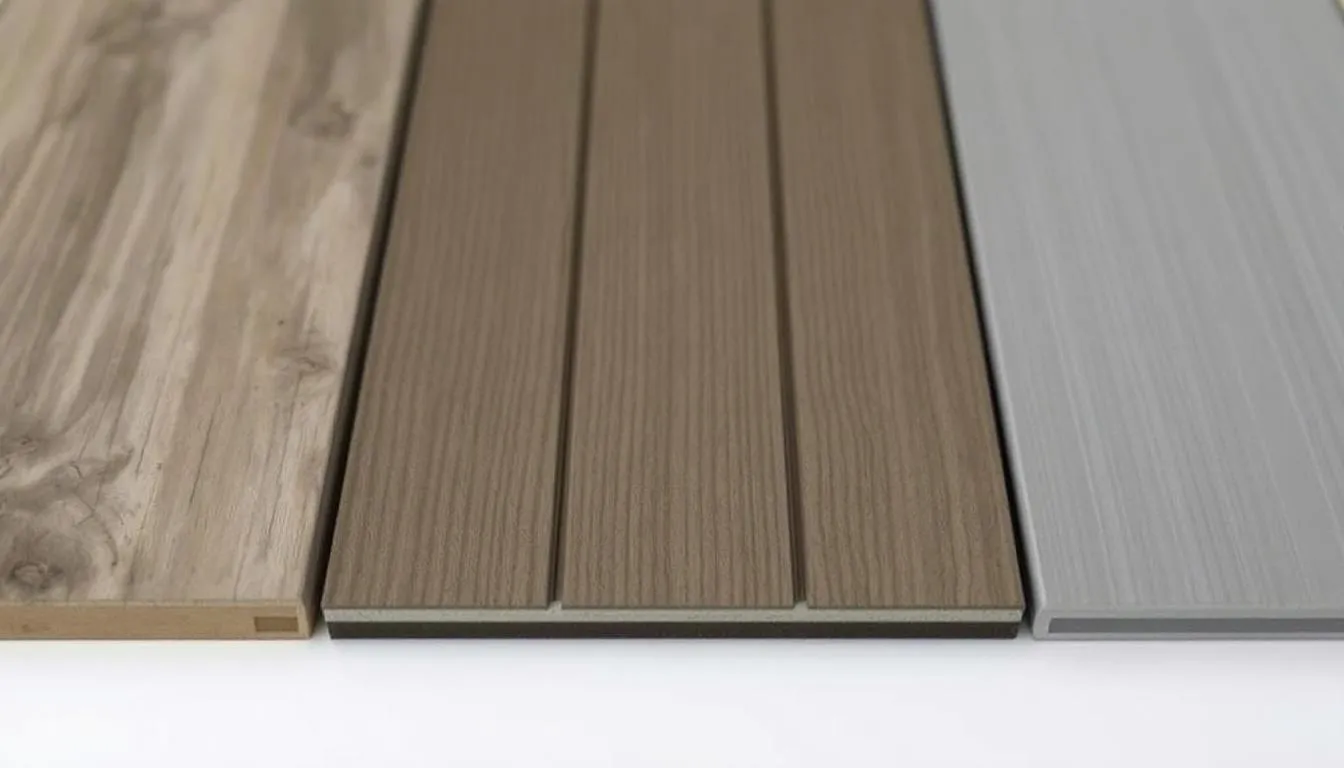 A close-up view showcases various decking materials, including timber, composite, and UPVC options, arranged side by side. This image highlights the diverse choices available for outdoor living spaces, emphasizing the aesthetics and functionality of each type for decking installation.