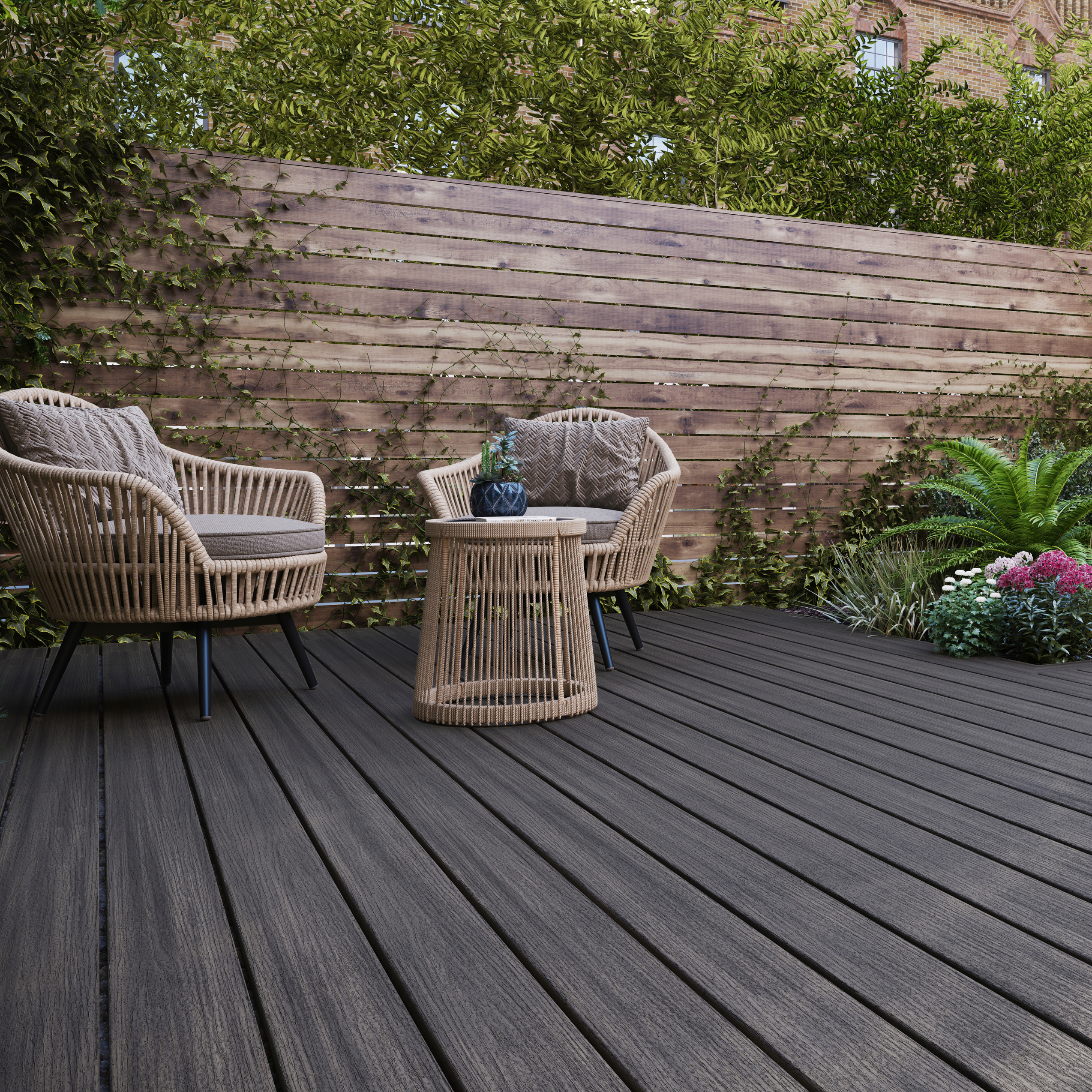 Example of professional decking installation team from A Room In Your Garden of a beautiful wooden deck, Outdoor living space with composite decking, stylish seating, and lush greenery in North East England. The scene captures the essence of outdoor living space, showcasing the expertise of the decking fitters as they enhance the property with quality composite decking.